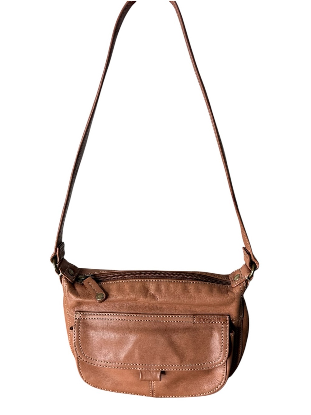 FOSSIL Tan Brown Leather Shoulder Bag Zipper Boho
